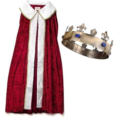 Sunnywood King's Cape and Crown Set, 4.5 Ft Red Cloak with Blue Rhinestones for Adults
