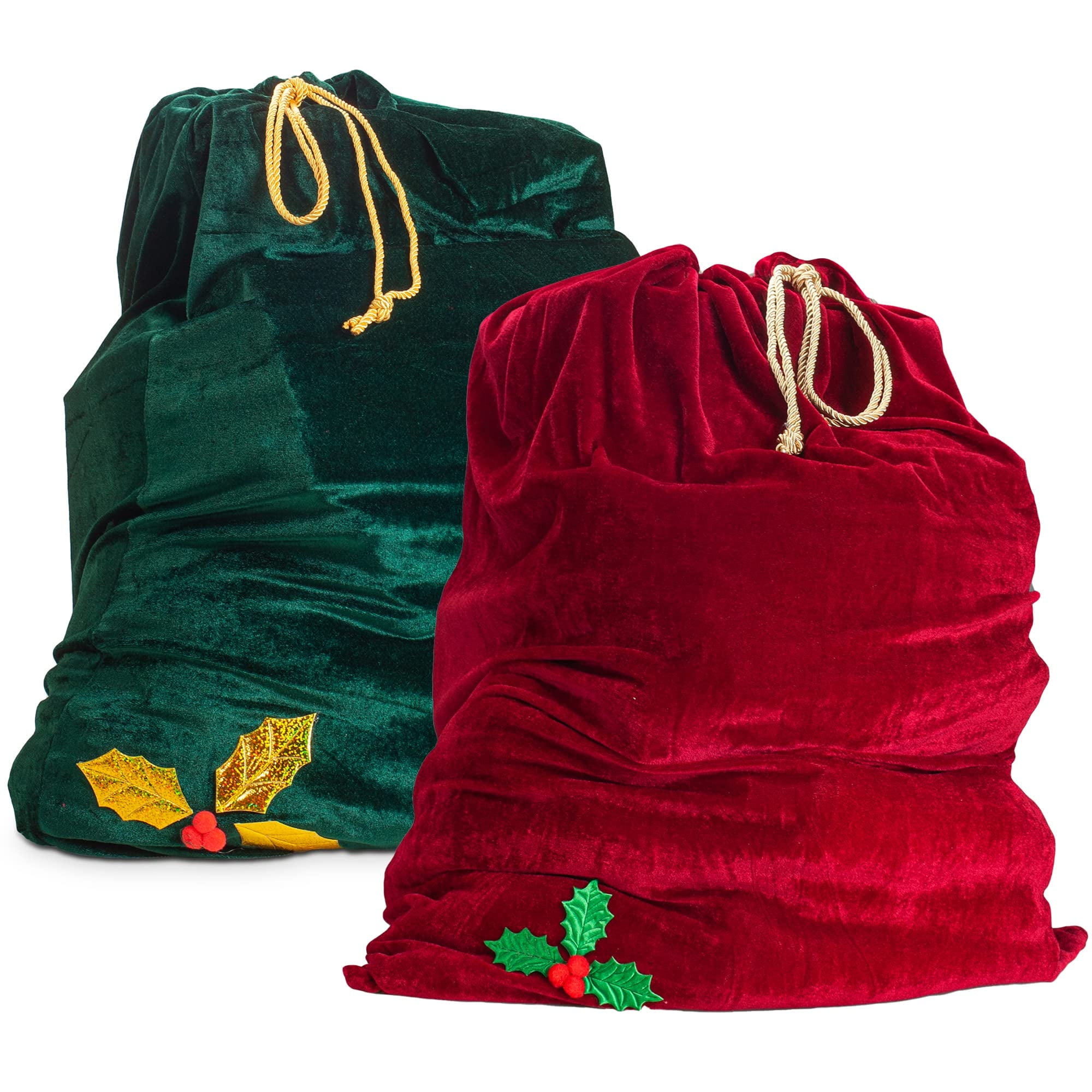 Sunnywood Santa Bag 36" x 27" Large Stretchy Velour Sack, Red, Green and Snowflake Design, 2 Bags Pack