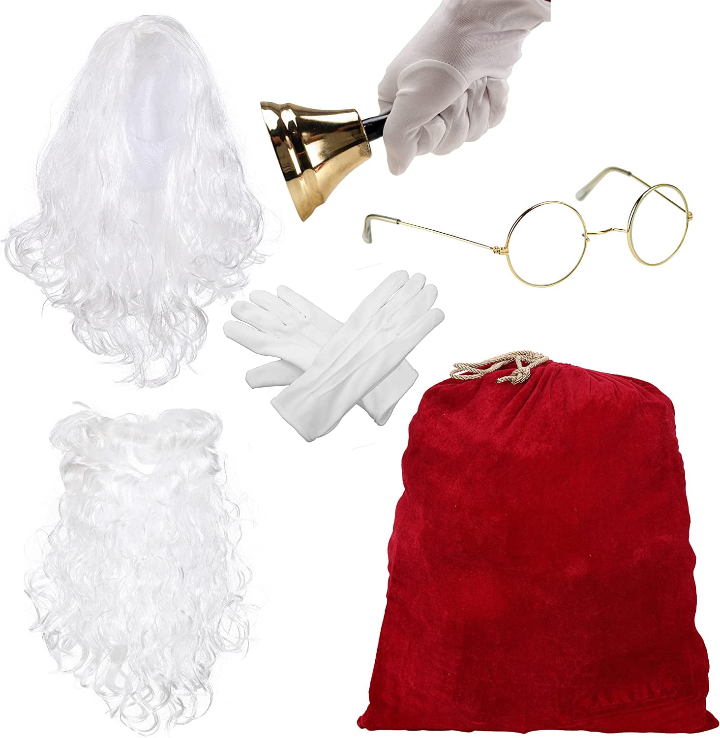 Sunnywood Santa Bell, Gloves, Wig and Beard, Glasses and Santa Bag Accessory Set for Santa Claus Suit Costume