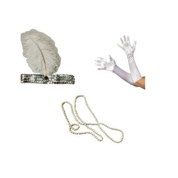 Sunnywood White 1920s Flapper Costume Accessories Set - Feather Headband, Pearl Necklace, and Evening Gloves for Gatsby Party or Bride