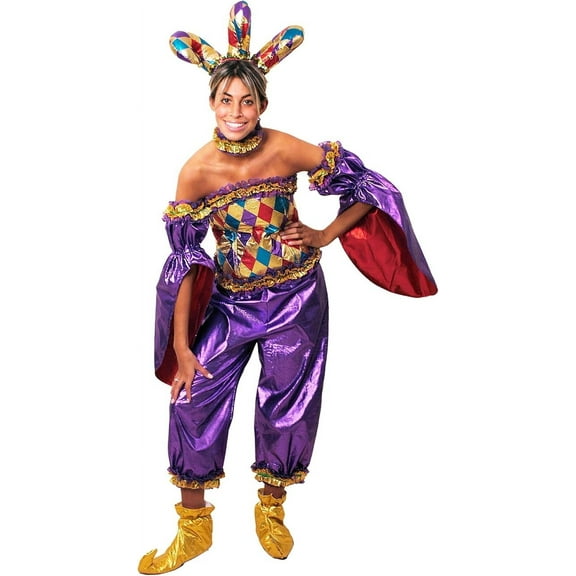 Sunnywood Women's Court Jester Clown Costume for Mardi Gras Parade Party, Includes Corset, Shoes, Hat and Accessories, Large/Extra Large