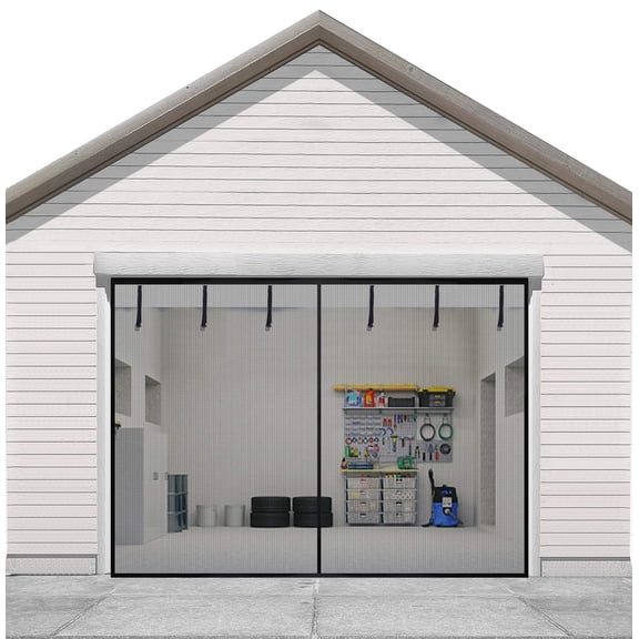 Sunolga Magnetic Garage Door Screen for 1 Car 8x7FT, Reinforced Fiberglass Magnetic Screen Door with 26 High Energy Magnets and 6 Strapping Tapes, Hands-Free Screen Door Mesh for Garage Door