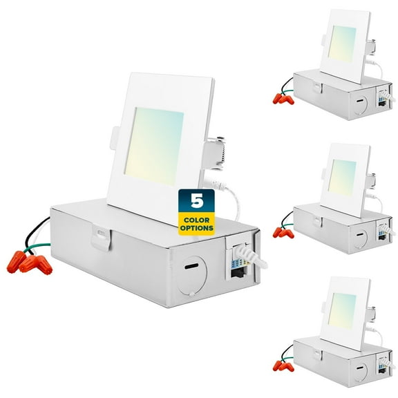 Sunperian 3 inch Square Ultra-Thin LED Recessed Light J-Box 5 Color Options 8W 540 Lumens Dimmable Wet Rated 4 Pack