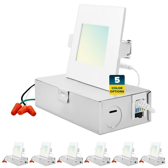 Sunperian 3 inch Square Ultra-Thin LED Recessed Light J-Box 5 Color Options 8W 540 Lumens Dimmable Wet Rated 6 Pack