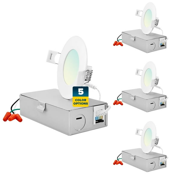 Sunperian 3 inch Ultra-Thin LED Recessed Light J-Box 5 Color Options 8W 540 Lumens Dimmable Wet Rated ETL Listed 4 Pack