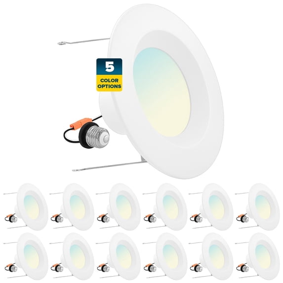 Sunperian 5/6 inch Recessed Lighting LED Can Light 5 Color Options 14W=90W 1100 Lumens Dimmable Wet Rated IC Rated 12-Pack