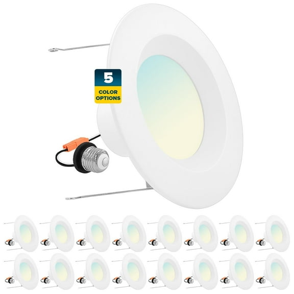 Sunperian 5/6 inch Recessed Lighting LED Can Light 5 Color Options 14W=90W 1100 Lumens Dimmable Wet Rated IC Rated 16-Pack