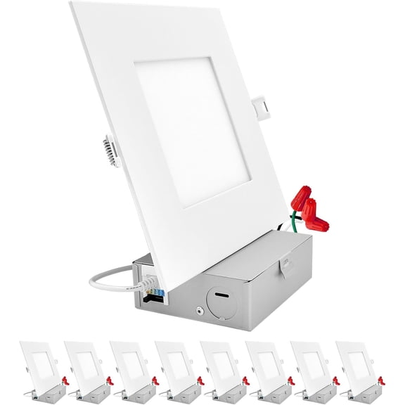 Sunperian 6 inch Square Ultra-Thin LED Recessed Light J-Box 5 Color Options 12W 1000 Lumens Dimmable Wet Rated 8 Pack