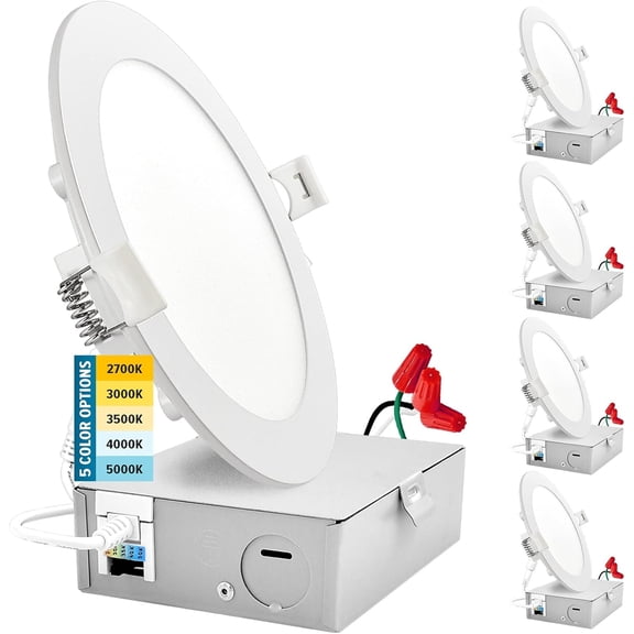 Sunperian 6 inch Ultra-Thin LED Recessed Light J-Box 5 Color Options 12W 1000 Lumens Dimmable Wet Rated ETL Listed 8 Pack
