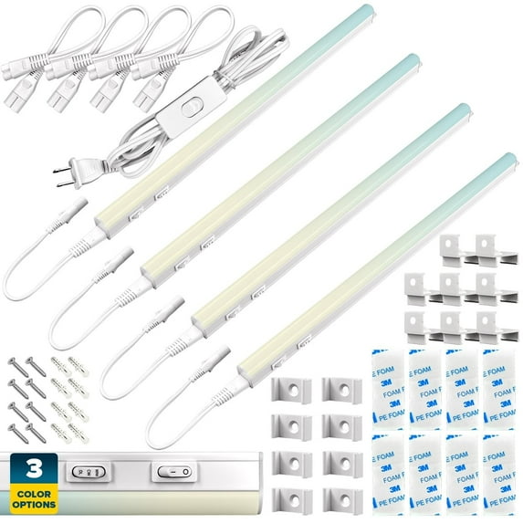Sunperian LED Under Cabinet Light Kit 21" Plug In Linkable 3 Color Option 3000K/4000K/5000K Damp Rated 4 Pack