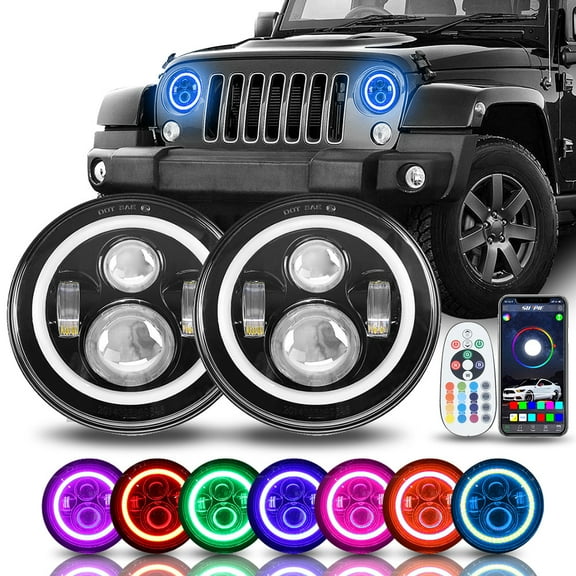 Sunpie 7" LED Headlights Bulb RGB Halo Angel Eye with Bluetooth Remote for 1997-2018 TJ LJ JK JKU (2pcs/set)