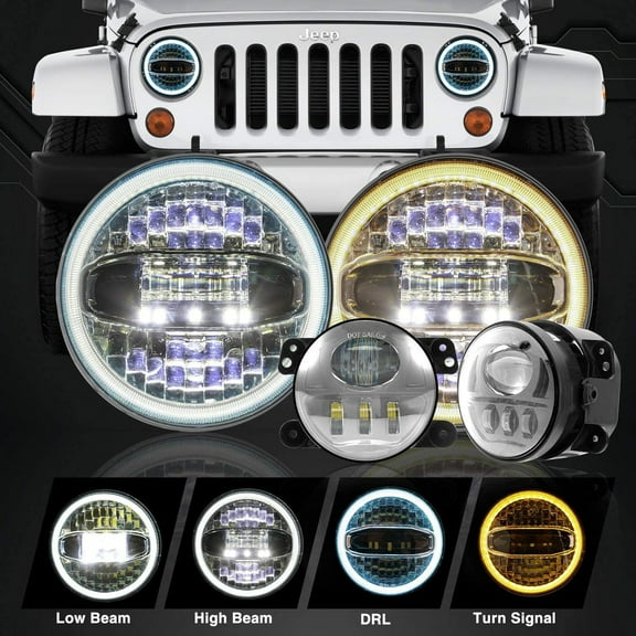 Sunpie 7" LED Headlights Halo White DRL & Amber Turn Signal + 4" Fog Lights for 1997-2018 Jeep Wrangler TJ LJ JK JKU