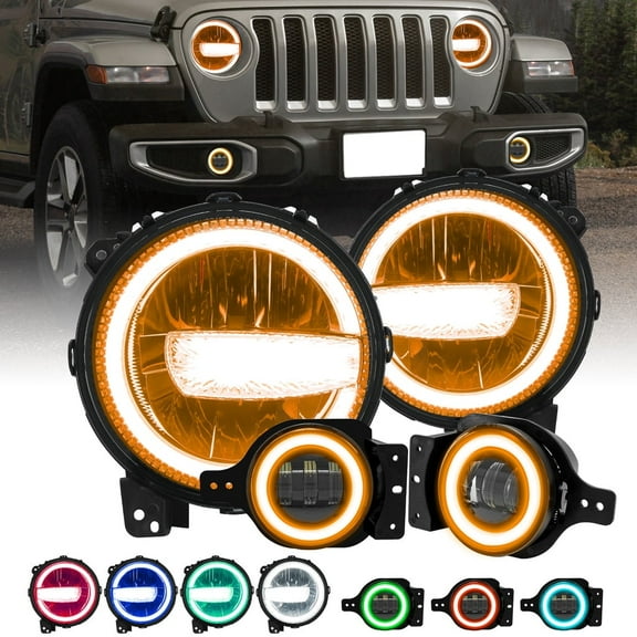 Sunpie 9"RGBW LED Headlights with 4"RGBW LED Fog Lights for Jeep Wrangler JL JLU Jeep Gladiator JT