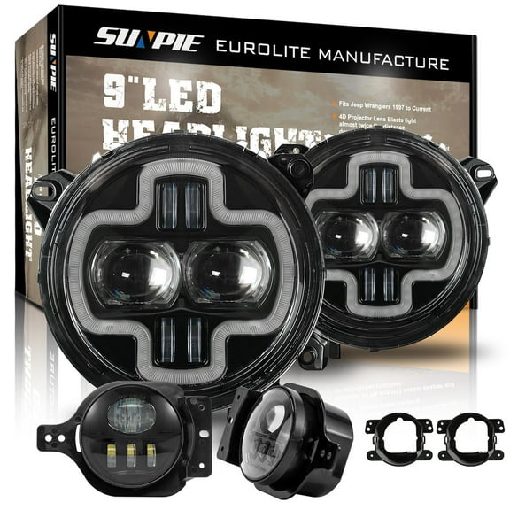 Sunpie 9 inch LED Halo DRL LED Headlights with 4 inch 5D LED Fog Lights Combo Kits for 2018+ Jeep Wrangler JL JLU Jeep Gladiator (JT)