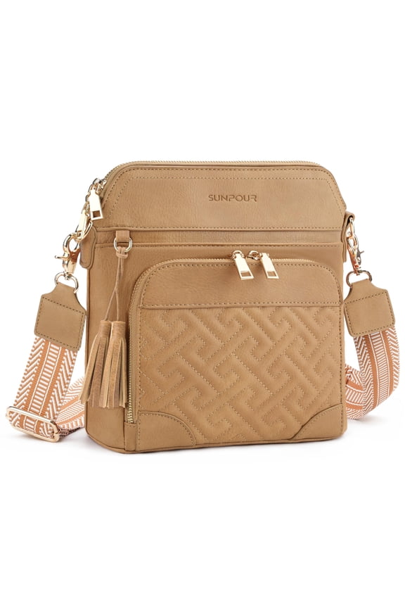 Quilted Crossbody Purse for Women Vegan Leather Medium Crossbody Bag with Built-in RFID Wallet Multi-Pocket Travel Shoulder Handbags with Tassel (Camel) A101