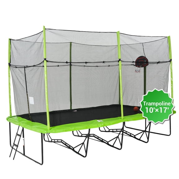 Sunrinx 10x17FT Rectangular Trampoline with Basketball Hoop  Green Steel Frame Premium Safety Jump