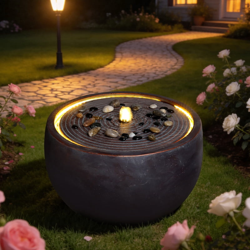 Sunrinx 19.3 in. Outdoor Water Fountain with LED Light Modern Round ...