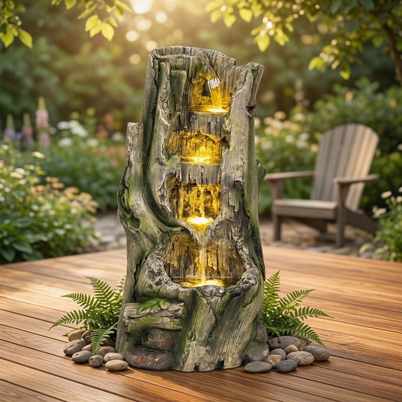 Sunrinx 23.6 in. Tree Stump Waterfall Fountain with Warm LED Lights, Cascading Water Feature Fountain for Garden Patio Decor