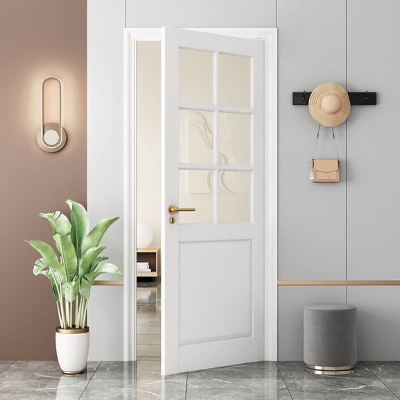 Sunrinx 24 in. x 80 in. 6-Lite Clear Glass French Door Slab, White Primed Solid Core Paintable Interior Door for Pantry, Kitchen, Office