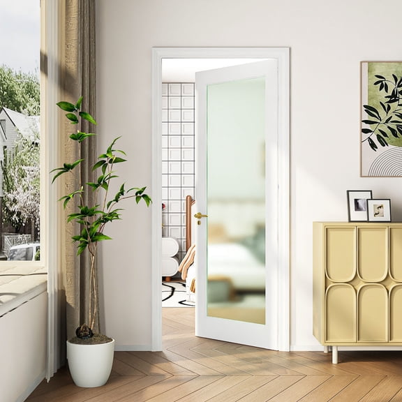 Sunrinx 30 in. x 80 in. Tempered Frosted Glass French Interior Door Slab, White Double-Primed Paintable Solid Core Door for Pantry