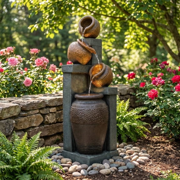 Sunrinx 34.8 in. Outdoor 4-Tier Pot Waterfall Fountain with LED Lights, Rustic Resin Cascading Water Feature for Garden Decor