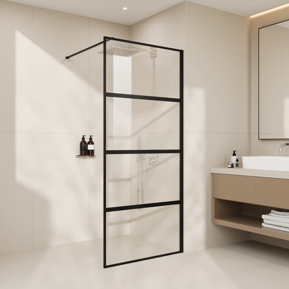 Sunrinx 36" x 76" Walk-In Shower Screen 8mm Tempered Glass Panel Matte Black Frame Doorless Enclosure Adjustable Bar