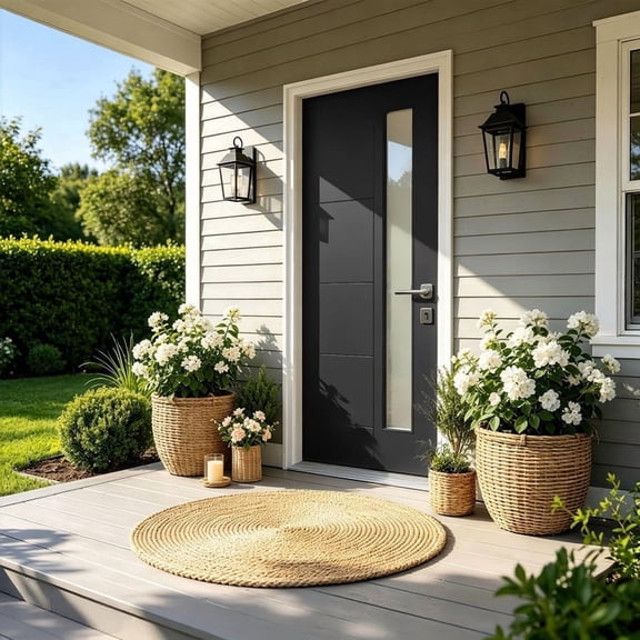 Sunrinx 36" x 80" Fiberglass Front Entry Door with Frosted Glass, Left-Hand Inswing, Prehung Exterior Door with White PVC Frame, Grooved Modern Black Finish