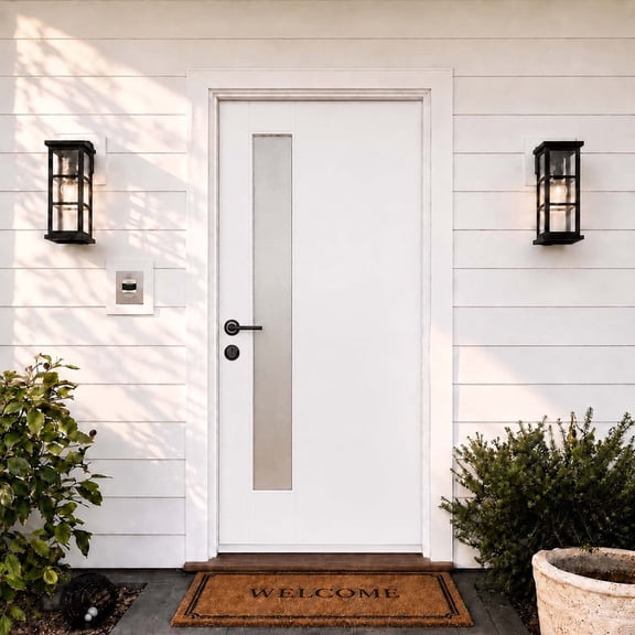 Sunrinx 36" x 80" White Fiberglass Front Door with Frosted Privacy Glass, Right-Hand Inswing Exterior Door, White 4-9/16" PVC Frame with Brickmold