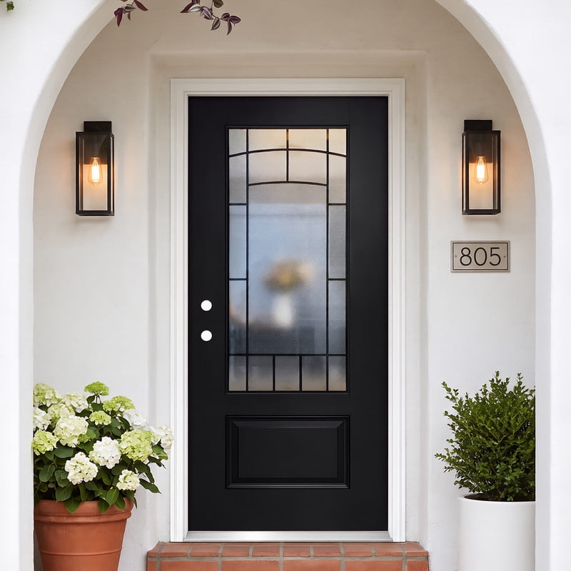 Sunrinx 36" x 80" Fiberglass Front Entry Door Slab Only, Right-Hand Inswing, Black, 3/4 Lite Double-Pane Cloud & Clear Low-E Glass