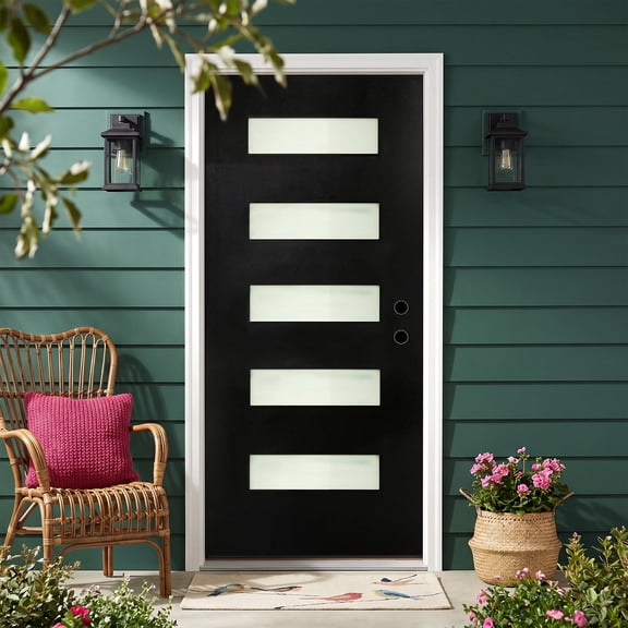 Sunrinx 36x80 Fiberglass Entry Door Black Frosted Glass Left-Hand Inswing with Vinyl Frame