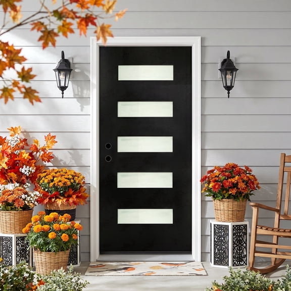 Sunrinx 36" x 80" Black Fiberglass Front Entry Door with Frosted Glass for Exterior Use, Right Hand Inswing, 4-9/16" White Vinyl Frame with Brickmould