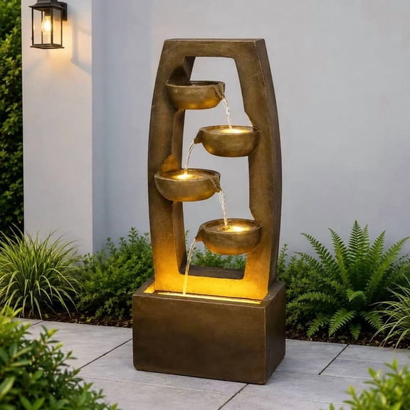 Sunrinx 37.6 in. Outdoor Brown Water Fountain with LED Lights 4-Tier Cascading Resin Waterfall Fountain for Patio Yard Porch
