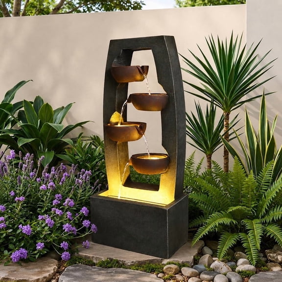 Sunrinx 37.6 in. Outdoor Gray Water Fountain with LED Lights 4-Tier Cascading Resin Waterfall Fountain for Patio Yard Porch