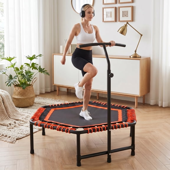 Sunrinx 48" Fitness Rebounder Trampoline for Adults, Adjustable Handle, Orange Quiet Bungee