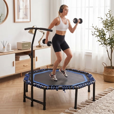 Sunrinx 48" Foldable Fitness Trampoline with Adjustable Handle, 450lbs, Blue Bungee Rebounder