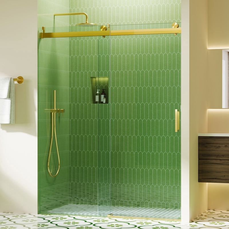 Sunrinx 56–60" W x 76" H Frameless Soft-Close Single Sliding Glass Shower Door, Tempered Glass Shower Door with Explosion-Proof Coating for Bathroom Brushed Gold