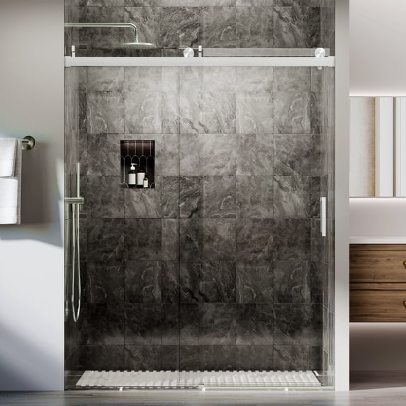 Sunrinx 56–60" W x 76" H Frameless Soft-Close Single Sliding Glass Shower Door, Tempered Glass Shower Door with Explosion-Proof Coating for Bathroom Brushed Nickel