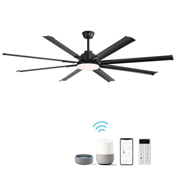 Sunrinx 72" Smart Ceiling Fan with Light, 8 Aluminum Blades, Quiet DC Motor, 6 Speeds, Dimmable LED, Remote & Voice Control, Black