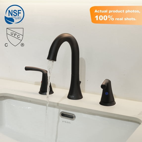 Sunrinx 8 Inch Widespread Bathroom Faucet Matte Black 3 Hole Dual Handle Swivel High Arc Drain