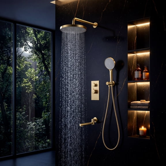 Sunrinx Brushed Gold 3-Function Shower System Set with Solid Brass Control Valve, 10" Overhead Shower, 3-Spray Handheld, and Bathtub Spout, Modern Shower Systems for Bathroom