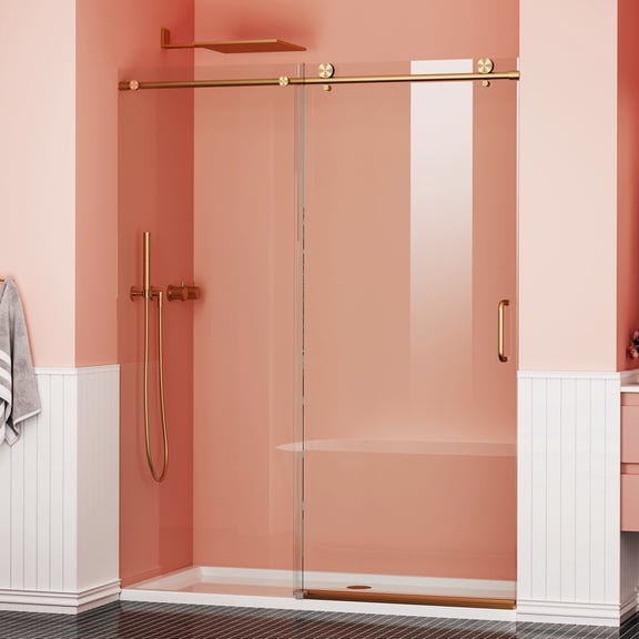 Sunrinx Brushed Gold 56–60" W x 76" H Single Sliding Shower Door, Frameless Bathroom Glass Shower Door, 1/4" (6mm) Tempered Glass Sliding Shower Door for Walk-in Shower