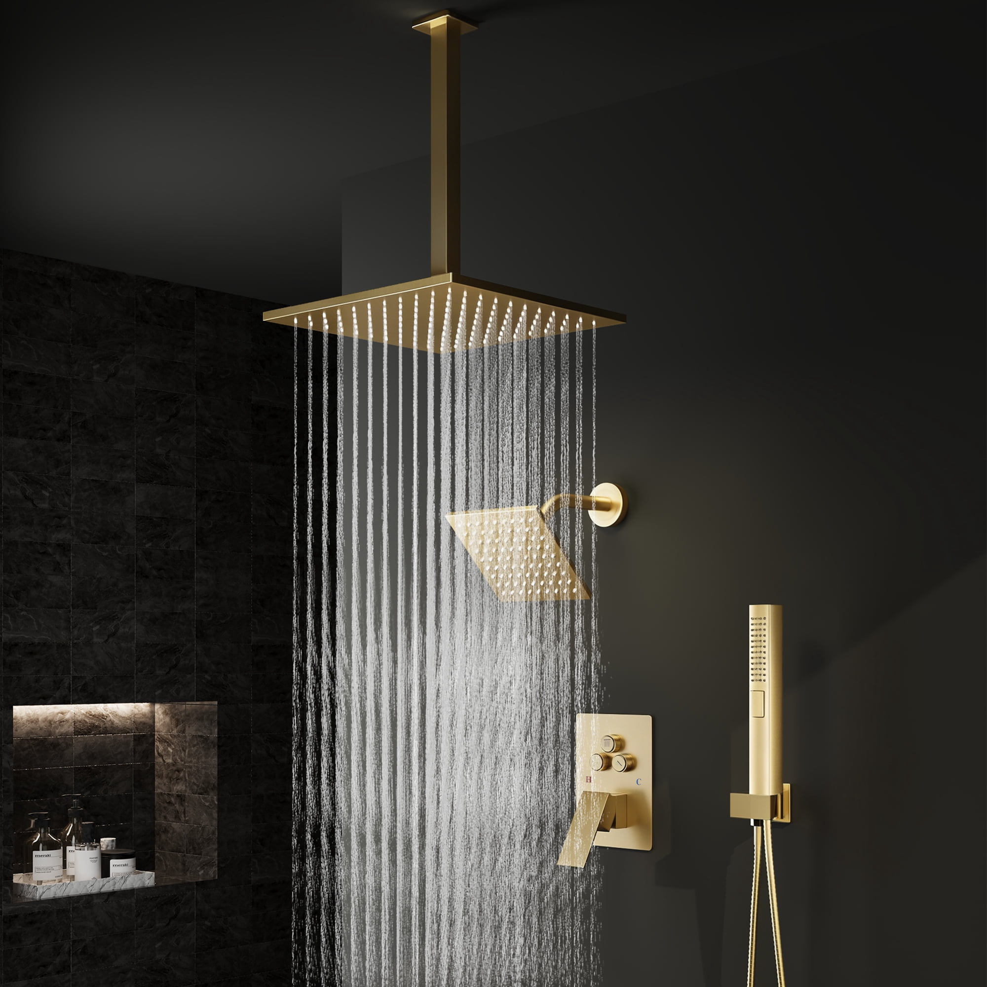 Sunrinx Brushed Gold Shower Faucet Set with Push-Button Diverter, 12" Rainfall, 6" Adjustable Wall-Mount & 2-in-1 Handheld
