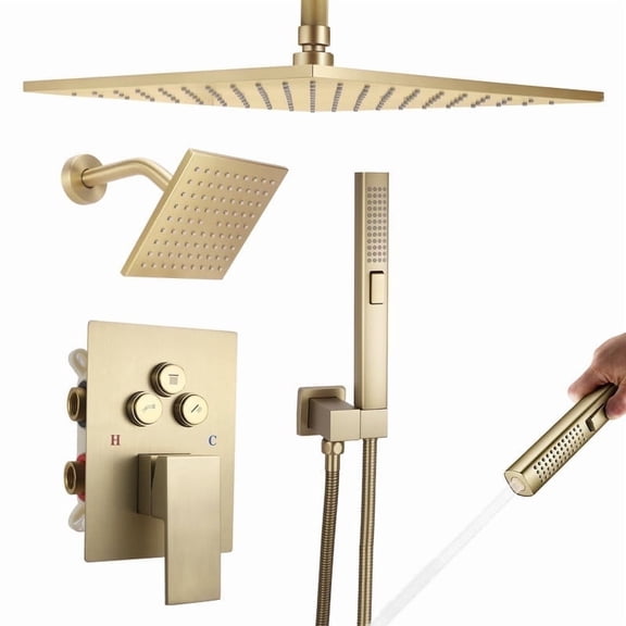 Sunrinx Brushed Gold Shower Faucet Set With Button Diverter System, 12" Ceiling Rain Shower Head, 6" Wall-Mount Shower Head, And 2-in-1 Handheld Shower