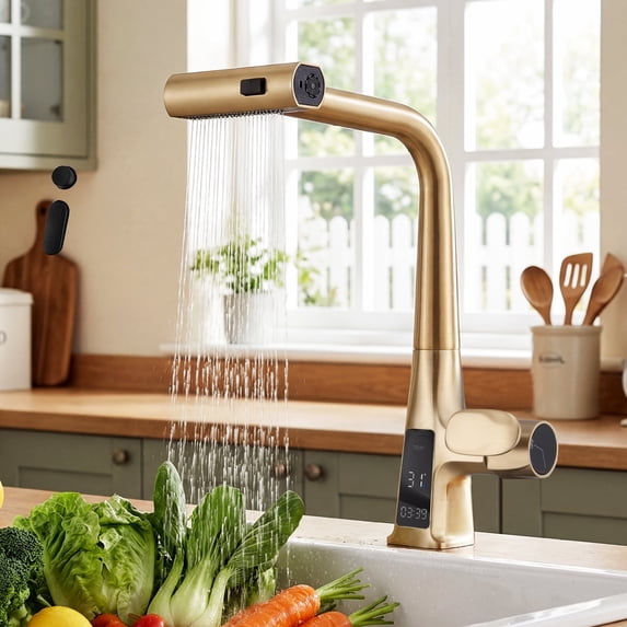 Sunrinx Brushed Gold Waterfall Kitchen Faucet with Temperature Display, Single-Handle Kitchen Faucet with Pull Down Sprayer, Three Water Outlet Modes Modern Kitchen Sink Faucet