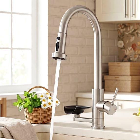 Sunrinx Brushed Nickel 3-in-1 Kitchen Sink Faucet,High-Arc Design Kitchen Faucet with Pull-Down Sprayer, 3 Function Spray Modes Kitchen Faucets for Modern Kitchen with Press-Type Glass Rinser