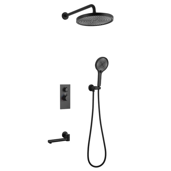 Sunrinx Matte Black 3-Function Shower System Set with Solid Brass Control Valve, 10" Overhead Shower, 3-Spray Handheld, and Bathtub Spout, Modern Shower Systems for Bathroom
