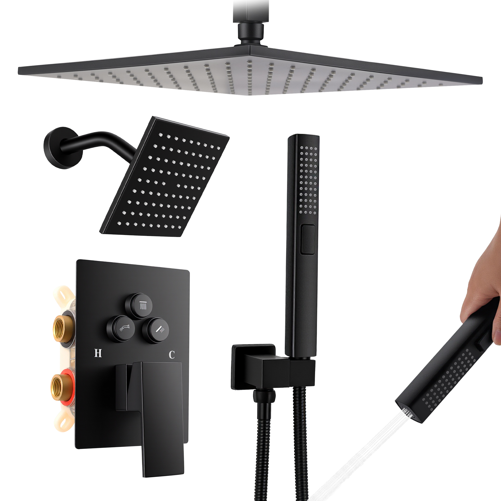Sunrinx Matte Black Shower System 12" Rainfall 6" Wall Mount 2-in-1 Handheld Button Diverter