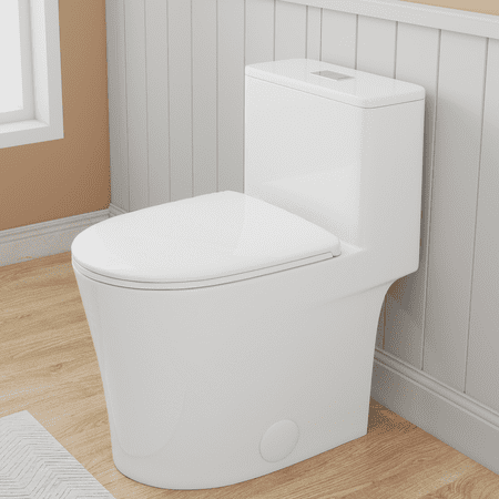 Sunrinx One Piece Toilet ADA Height 17" Dual Flush 1.1/1.6 GPF Rimless Siphonic Toilet Soft Close Seat 12" Rough-In Gloss White