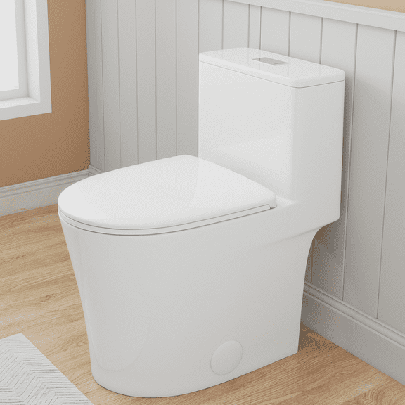 Sunrinx One Piece Toilet ADA Height 17" Dual Flush 1.1/1.6 GPF Rimless Siphonic Toilet Soft Close Seat 12" Rough-In Gloss White