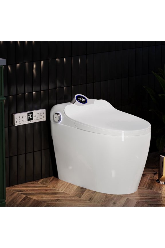 White Smart Toilet with Bidet Built In, Foot Sensor, Heated Seat, Warm Air Dryer, Night Light, Self-Cleaning Nozzle, Remote Control, Modern Bidet Toilet for Home